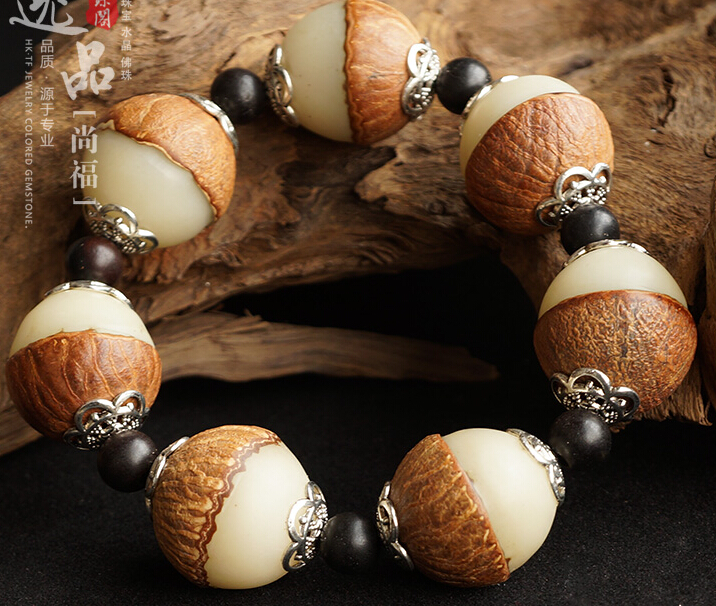 Big 21MM White Jade Natural Bodhi Root Beads Yin and Yang Buddha Bracelet